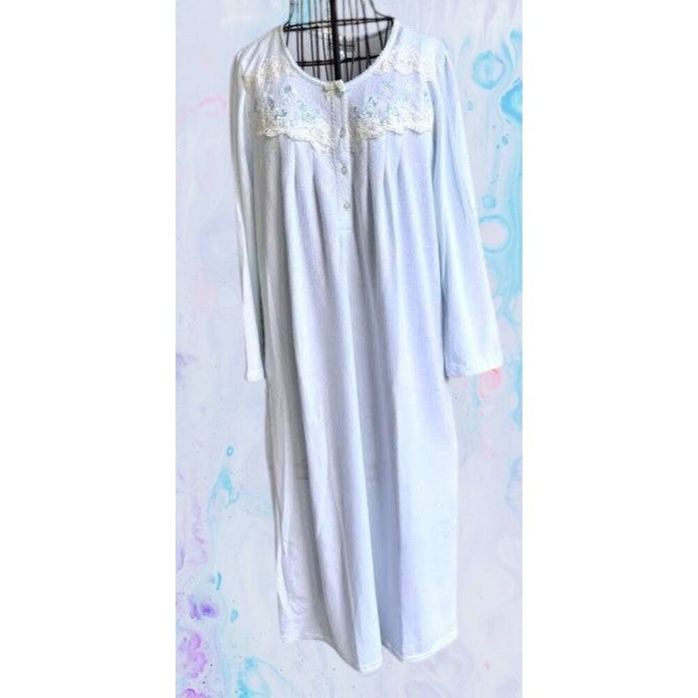 Miss Elaine Maxi Nightgown Small Blue Fleece Embroidered Flowers Lace Buttons